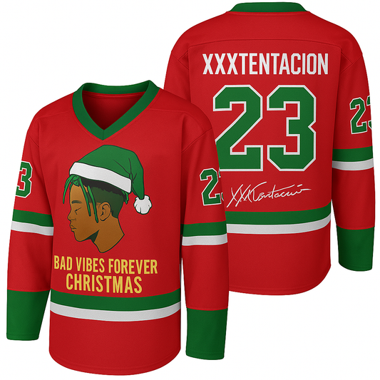 “BAD VIBES FOREVER CHRISTMAS”-XXXTentacion  Red Ice Custom Hockey Jersey